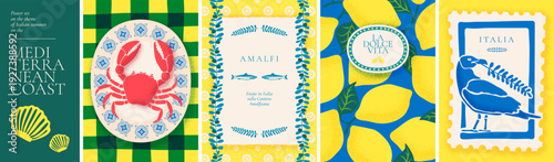 Mediterranean summer pattern with Amalfi lemons, Italian watercolor tiles, and coastal motifs. Vibrant poster design featuring fresh citrus, seafood, and sunny Mediterranean charm.