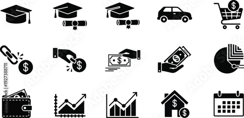 Collection of black icons representing business success and achievement on a white background, showcasing various concepts