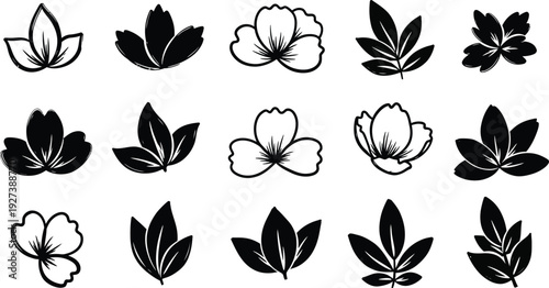 Foliage silhouette collection. set of botanical black elements in flat style isolated on white background. Vector