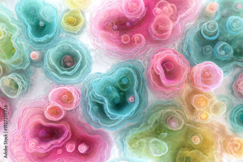 Abstract top-down view of colorful swirling organic shapes resembling bacterial colonies in neon pink, turquoise, and soft yellow.