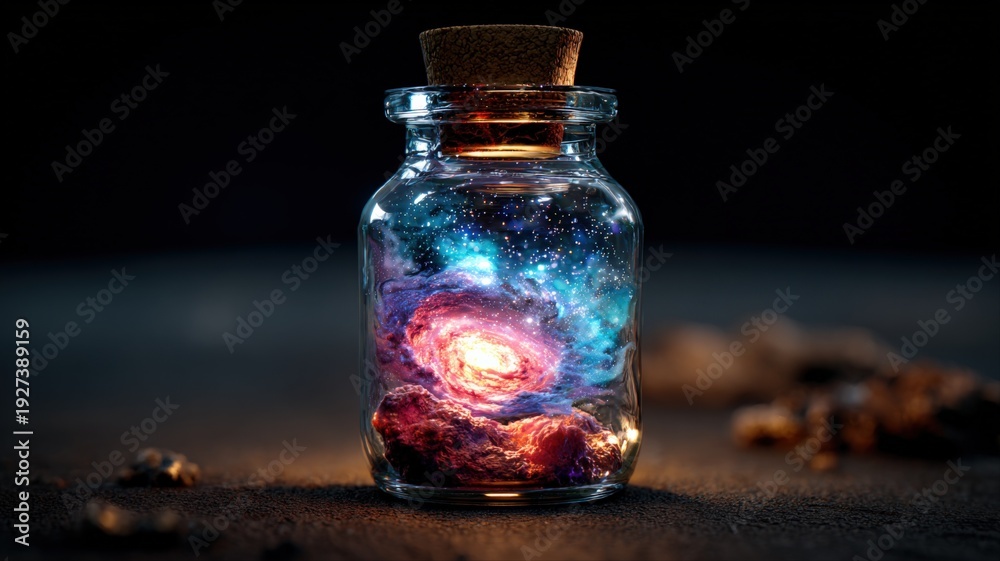 Fototapeta premium Mystical Galaxy in a Glass Jar: Fantasy Concept for Science, Dreams, and Imagination