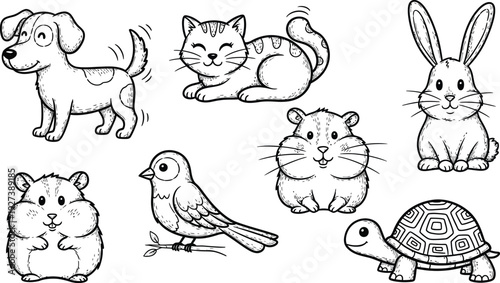 Big collection of cute cartoon pets and animal accessories line art vector illustrations isolated on white for coloring