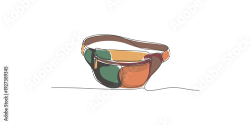 A simple illustration of a multi-colored fanny pack with a brown strap on a white background