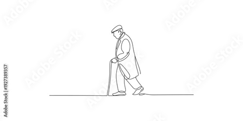 Minimalist continuous line art drawing of an elderly person walking with a cane on a white background