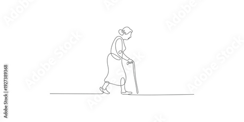 A continuous line art drawing of an elderly woman using a walker to walk slowly