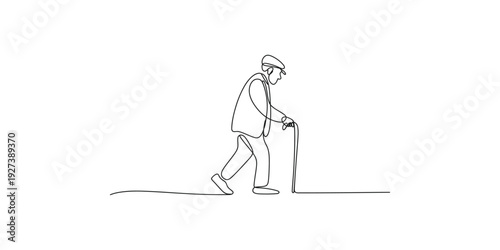 A simple continuous line drawing of an elderly man walking slowly with a cane on a white background.
