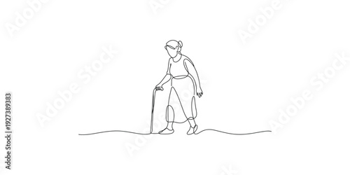 A minimalist dotted line drawing of an elderly person walking with a cane on a white background