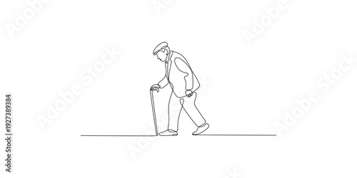 A simple line art illustration depicting an elderly person walking with a cane, symbolizing old age and fragility.