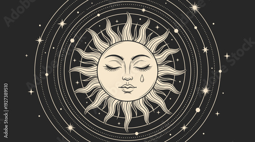 Mystical Sun Face with Teardrop and Celestial Orbits - Esoteric Astrology Boho Art