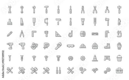 塗りアクセント付き細線工具アイコンセット 50種類 ベクター素材