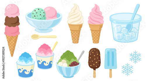 Sweet Summer Frozen Treats Vector Set: Ice Cream, Popsicles, Shaved Ice, and Refreshing Desserts Collection