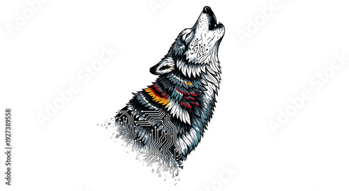 Detailed Illustration of Howling Wolf Head.