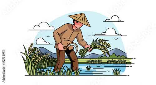 Farmer Planting Rice in Paddy Field.
