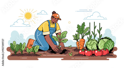 Farmer Planting Vegetables in Garden Soil.