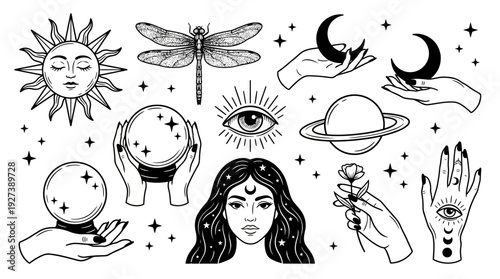 Witchy Mystical Celestial Boho Vector Set: Sun, Moon, Crystal Ball, All-Seeing Eye & Hands Line Art