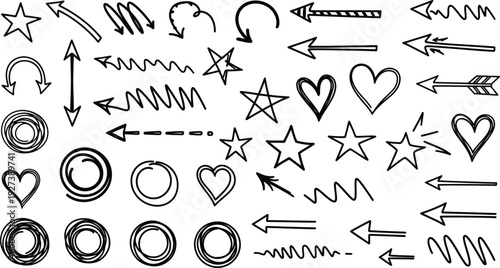 Arrow, underline, circle frame marker line set. Line marker hand drawn pen brush stroke sketch arrow, circle, highlight element. Doodle check, cross, star frame icons.