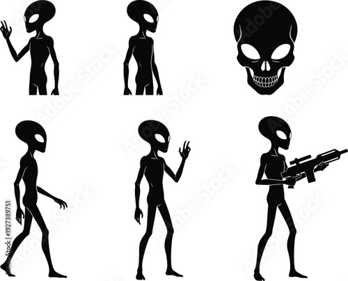 Black Alien Silhouette Set featuring Extraterrestrial Greys in Various Poses, Walking, Waving, and Holding Sci-Fi Laser Weaponry on White Background