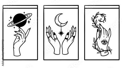 Mystical Hands Line Art Set: Celestial, Cosmic & Spiritual Illustrations with Planets, Moon, Stars, All-Seeing Eye, and Botanical Elements