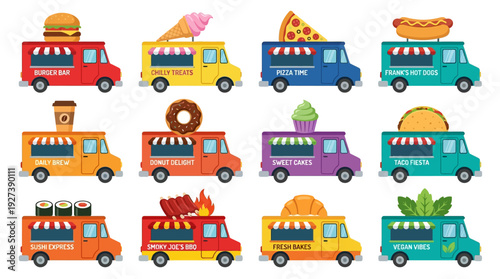 Vibrant Food Trucks Collection: Diverse Street Food Vehicles for Burgers, Pizza, Tacos, Coffee, Desserts & More