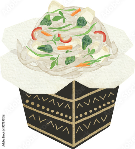 Rice Noodles with Vegetables and Tofu in Takeaway Box with Chopsticks Vector Illustration