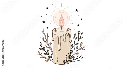 Mystical Candle with Stars and Botanical Branches Illustration. Hand-drawn Cozy, Spiritual, and Magical Line Art for Serene Concepts.
