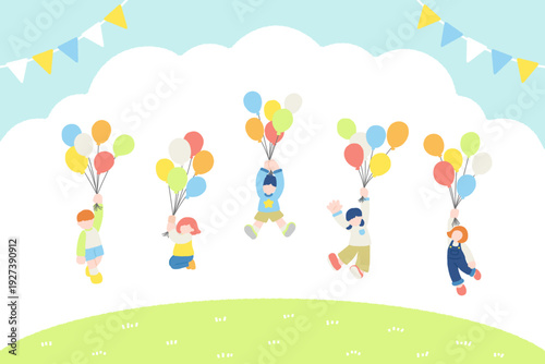 外で楽しそうに風船につかまって飛ぶこども達とガーランドのフラットなイラスト（セット）
