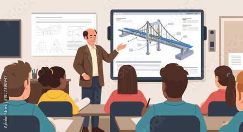Teacher Explaining Bridge Design to Students.