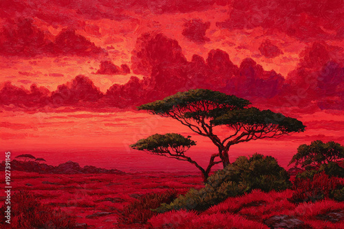 Vibrant oil painting of an African savanna landscape at sunset, featuring heavy impasto brushstrokes and a fiery red color palette.