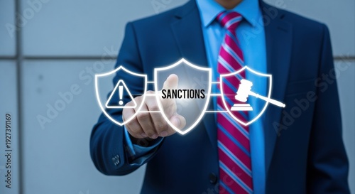 Economic Sanctions Concept: Business Person Activating Protective Shield Against Penalty with Visual Representation