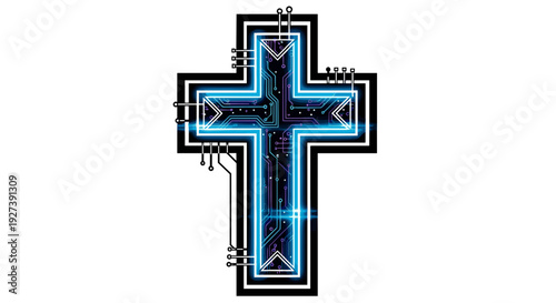 Blue Neon Light Christian Cross Symbol.