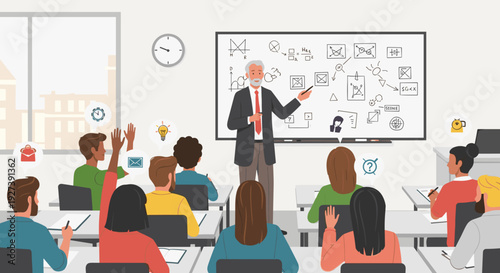 Businessman presenting to students in classroom.