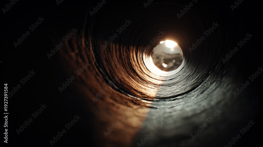 Fototapeta premium Abstract View Through Dark Pipe with Distant Light, Exploration, Tunnel Vision, Conceptual Journey