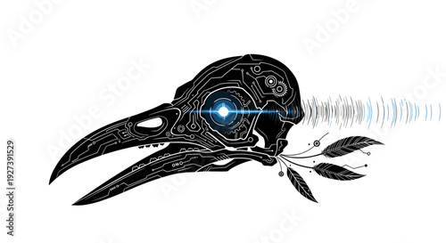 Detailed Skull with Blue Eye and Leaves.