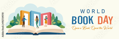 World Book Day. World Book Day banner featuring open book with colorful doors emerging from its pages. vector Illustration.