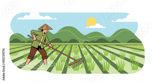 Farmer Working in Rice Field Illustration.