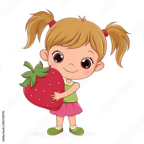 Cute Cartoon Girl Holding a Big Strawberry Vector Illustration for Children's Designs