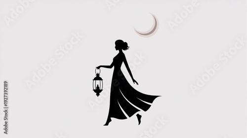Vector silhouette of woman holding lantern under crescent moon