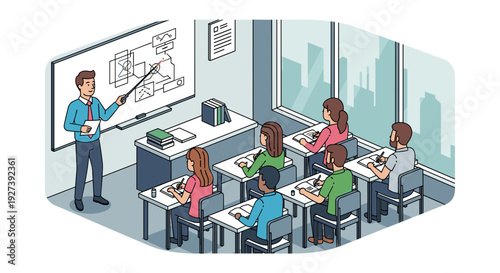 Teacher Explaining Concept to Students in Classroom.