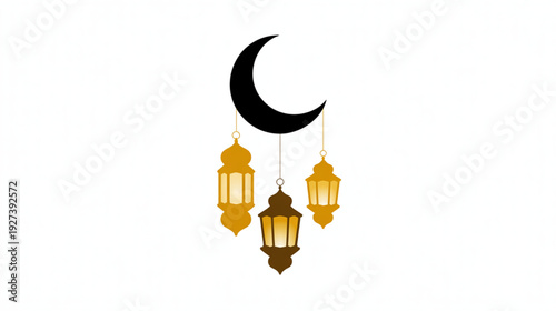 Islamic lanterns and crescent moon vector icon set