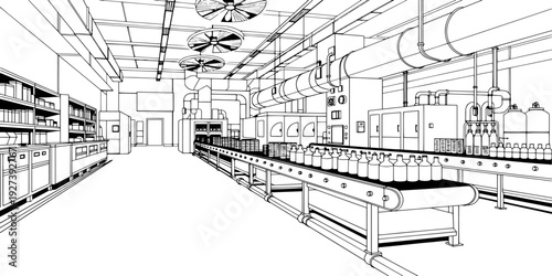 Food Manufacturing Plant Interior with Conveyor Belt System – Industrial Factory Production Line Vector Sketch, Food Processing Facility Equipment Line Art Drawing for Manufacturing Industry