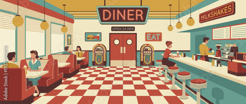 Retro 1950s diner interior flat vector illustration featuring a red and white checkered floor, neon signs, vintage jukeboxes, people eating in booths, and a server behind the counter bar.