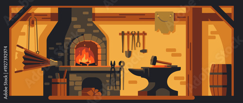 Flat vector illustration of a traditional blacksmith forge workshop with a glowing furnace, anvil, hammer, tongs, and bellows. Vintage metalwork craftsmanship scene with warm orange lighting.