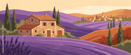 Flat vector illustration of a scenic lavender field in Provence with a rustic stone farmhouse, rolling purple hills, cypress trees, and a distant village under a warm golden sunset sky.