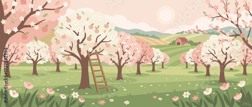 Flat vector illustration of a picturesque spring orchard in full bloom with pink flowering fruit trees, a rustic wooden ladder, rolling green hills, a farmhouse, and a charming village scene.