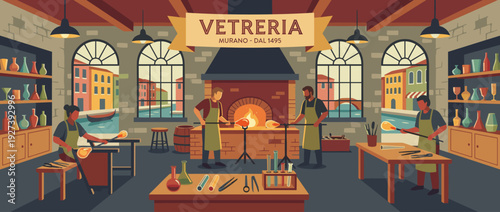 Flat vector illustration of a traditional Venetian glass workshop on Murano island. Artisans blowing glass by a furnace with colorful vases on shelves and Venice canal views through windows.