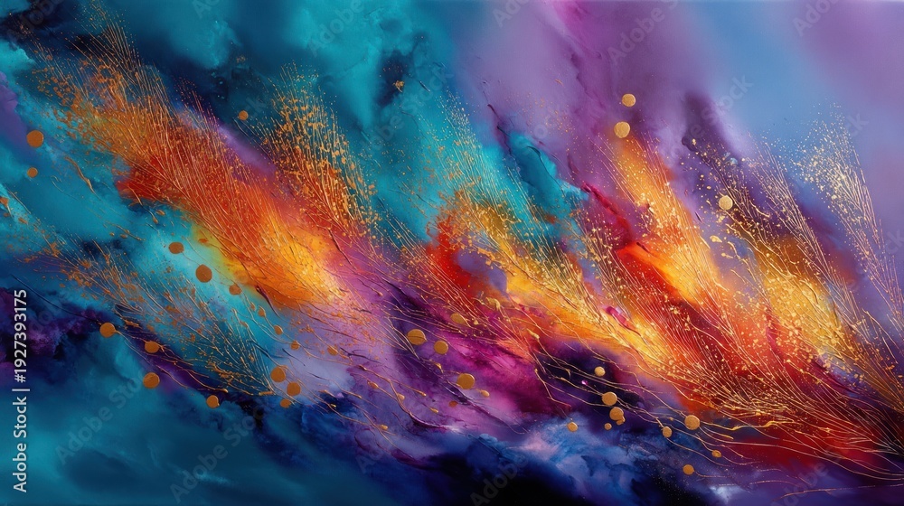 Fototapeta premium Vibrant abstract painting featuring a dynamic blend of colors and textures with gold accents that