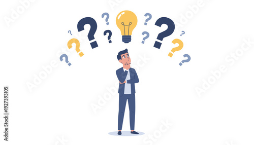 Thinking Businessman Standing Under Question Marks and a Glowing Lightbulb, Concept for Problem Solving, Creative Idea Generation, Decision Making, Brainstorming, and Finding Solutions Vector