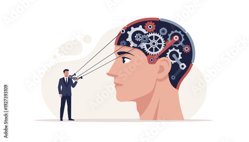 Illustration of self-control and mental process concept with a businessman managing gears inside a human head, representing psychology, mindset, cognitive function, and emotional intelligence.