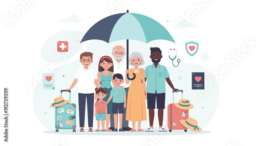 Diverse Multi-generational Family and Friends Under Large Umbrella for Life and Health Insurance Protection Concept, Travel Safety and Medical Security for Vacation, Holiday, and Trip Planning