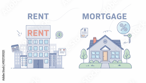 Rent vs Mortgage Comparison Flat Vector Illustration. Renting an Apartment in a City Building versus Buying a House with a Mortgage Loan. Real Estate Investment and Housing Finance Concept.
